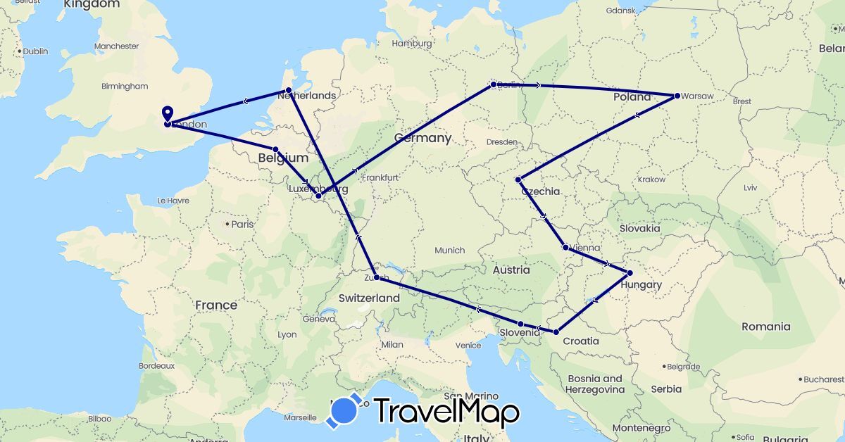 TravelMap itinerary: driving in Austria, Belgium, Switzerland, Czech Republic, Germany, United Kingdom, Croatia, Hungary, Luxembourg, Netherlands, Poland, Slovenia (Europe)